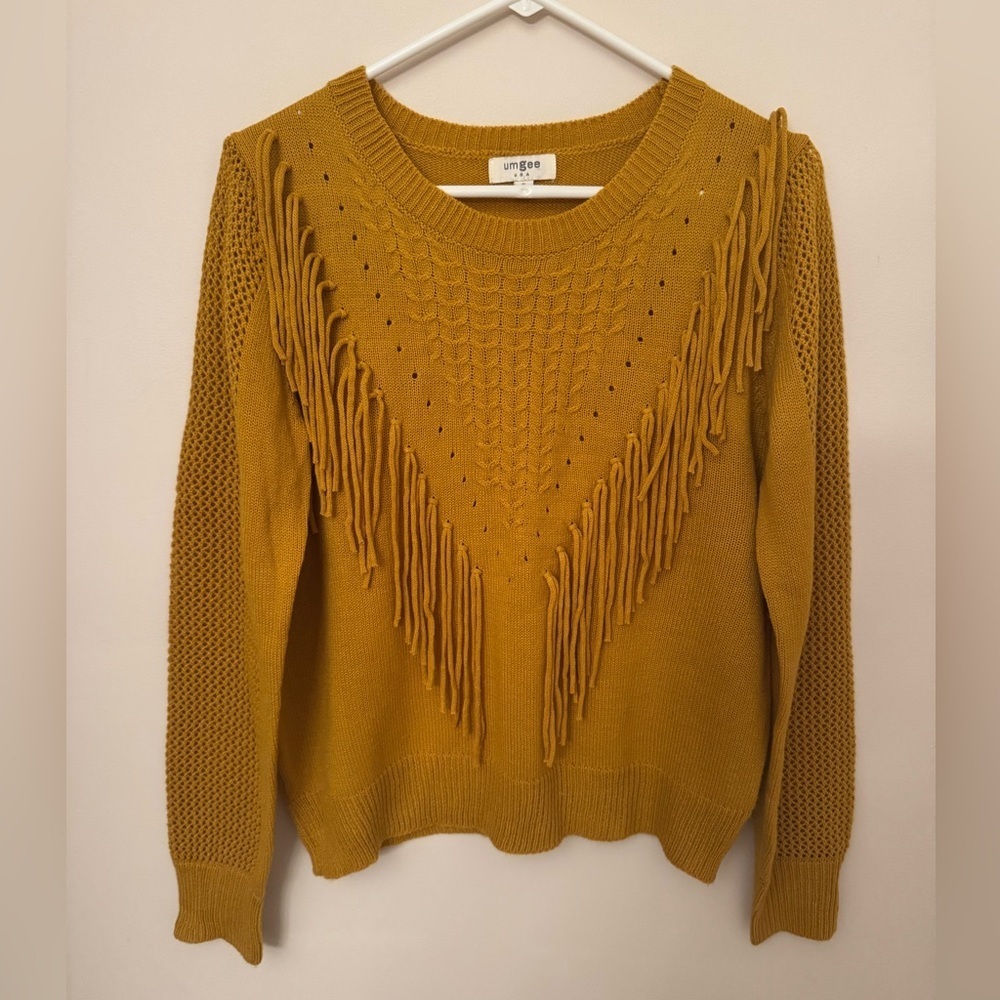 Umgee Mustard Fringe Knit Sweater Women’s Small Boho Western Pullover Top